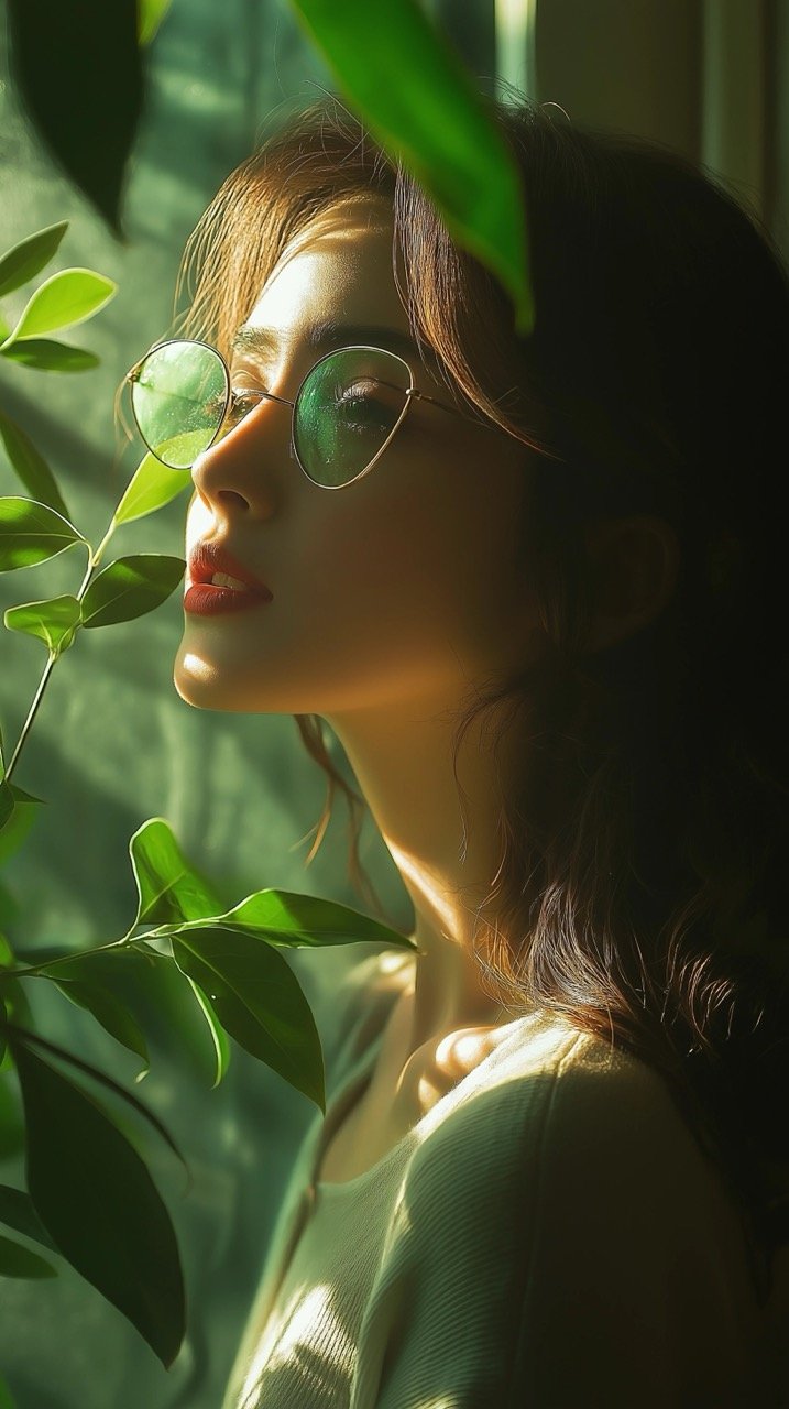 Serene Girl Surrounded by Green Light and Plants, Capturing Natural Beauty and Style at Home.