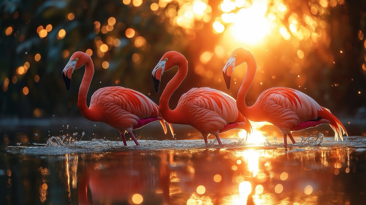 Serene sunset with flamingos in wetlands, showcasing natural wildlife and tranquil scenery in Izmir, Turkey.