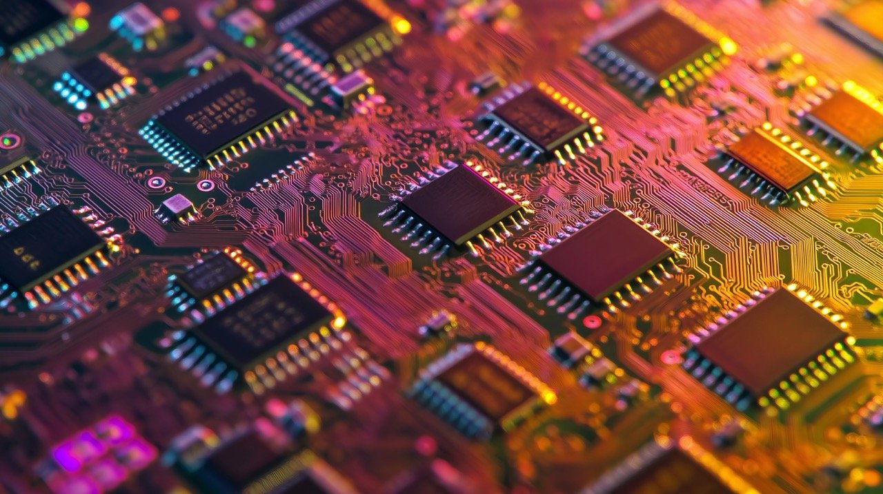 Small Square Pattern Close-Up HD Wallpaper of Electronic Chip Technology, Semiconductor, and Microelectronics Background.