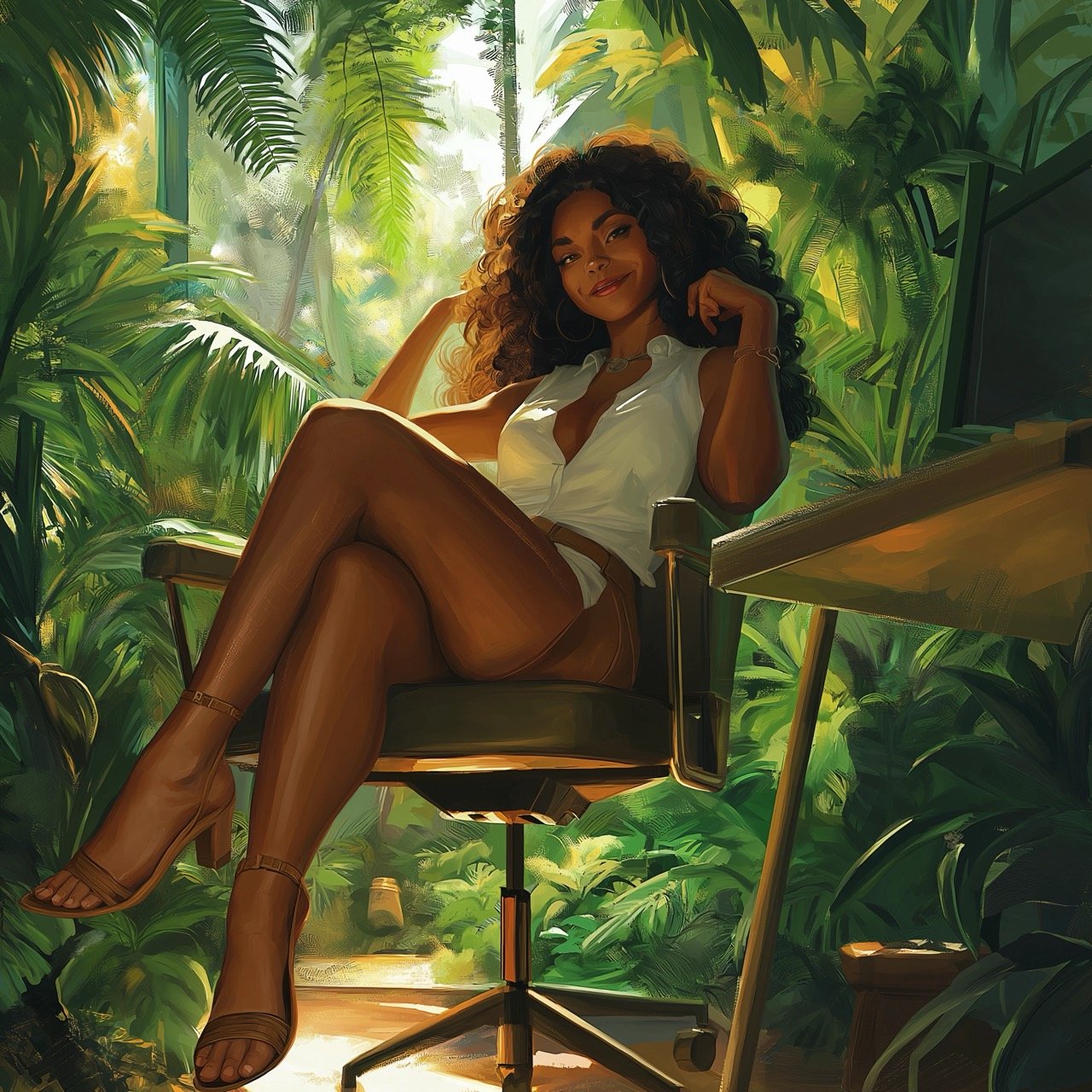 Smirking Woman in Sunny Jungle, Relaxing in Chair with Feet on Desk – Racially Ambiguous Illustration