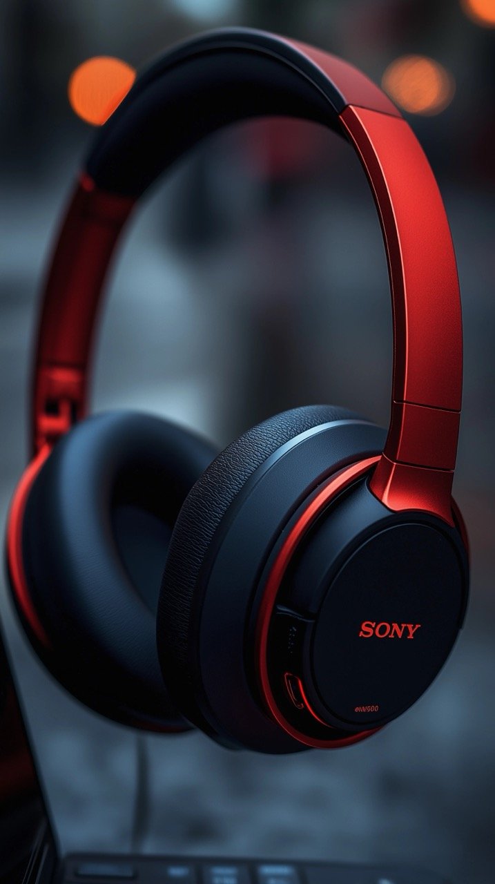 Sony Headphones in Red on Black Laptop HD Grey Wallpapers with Technology, Music Images, and Electronics Photos.