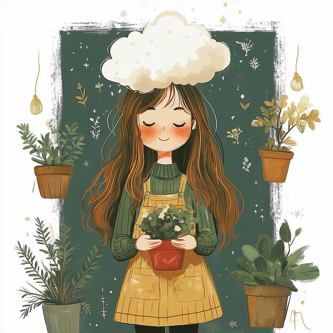 Stock Illustration of Fae with Mental Health Cloud, Auburn Hair, and Passion for Collecting Trinkets and Plant Care