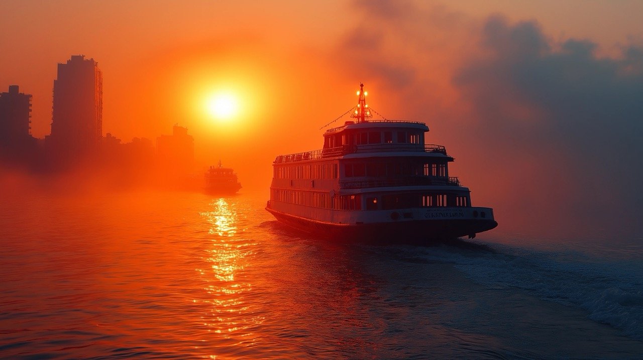 Stock Photo of Ferry Departing Seattle Harbour, 2015, Sunset Over Bay with Clear Sky and Boat Deck