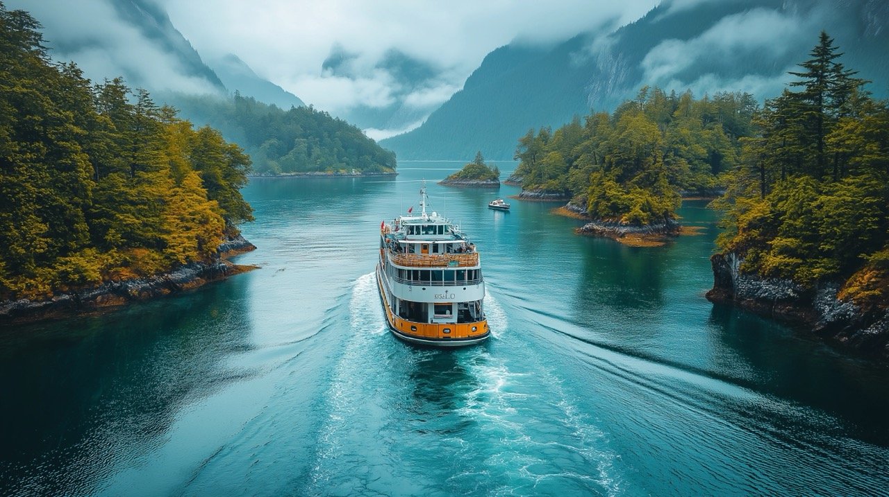 Stock Photo of Ferry Sailing Through British Columbia Waterway, Surrounded by Hills in Nanaimo, Canada