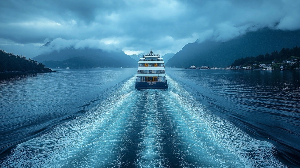 Stock Photo of Passenger Ferry Departing Harbour, British Columbia, Blue Water, Boat Deck, Cloudy Day