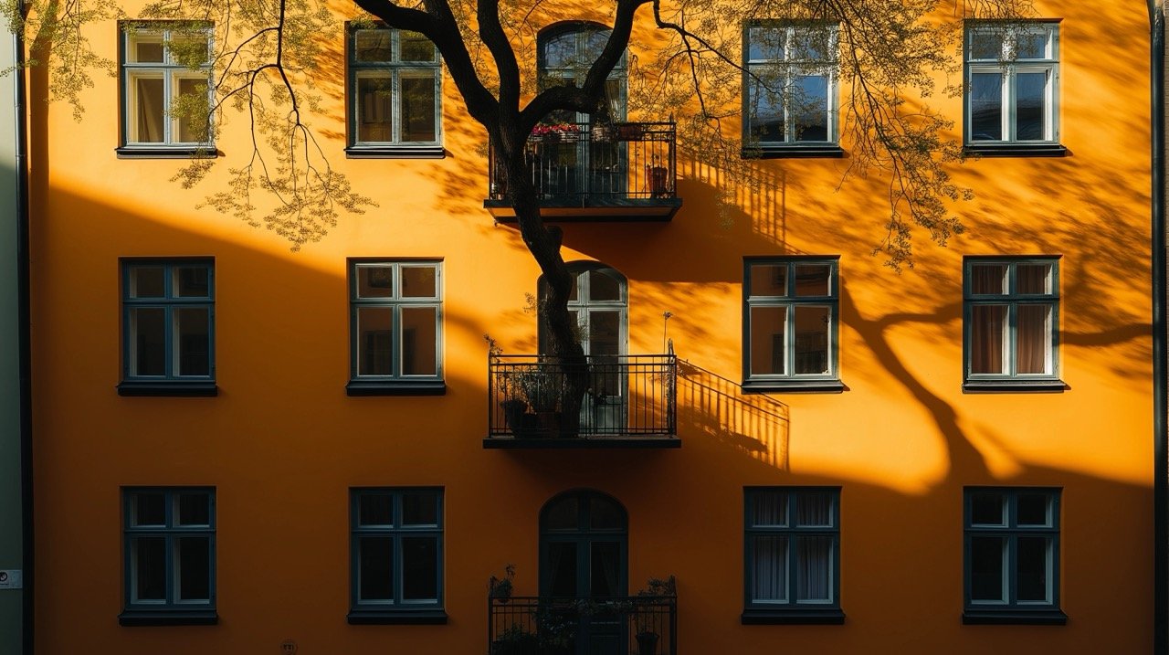 Stockholm Summer Evening Orange Concrete Building with Tree Shadow During Daytime, HD Retro Wallpaper