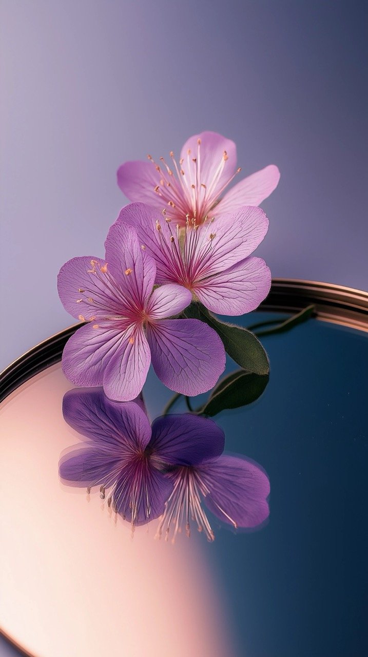 Stunning High Angle Shot of Purple Flower on Mirror, Perfect for Floral Aesthetic Spring Wallpaper