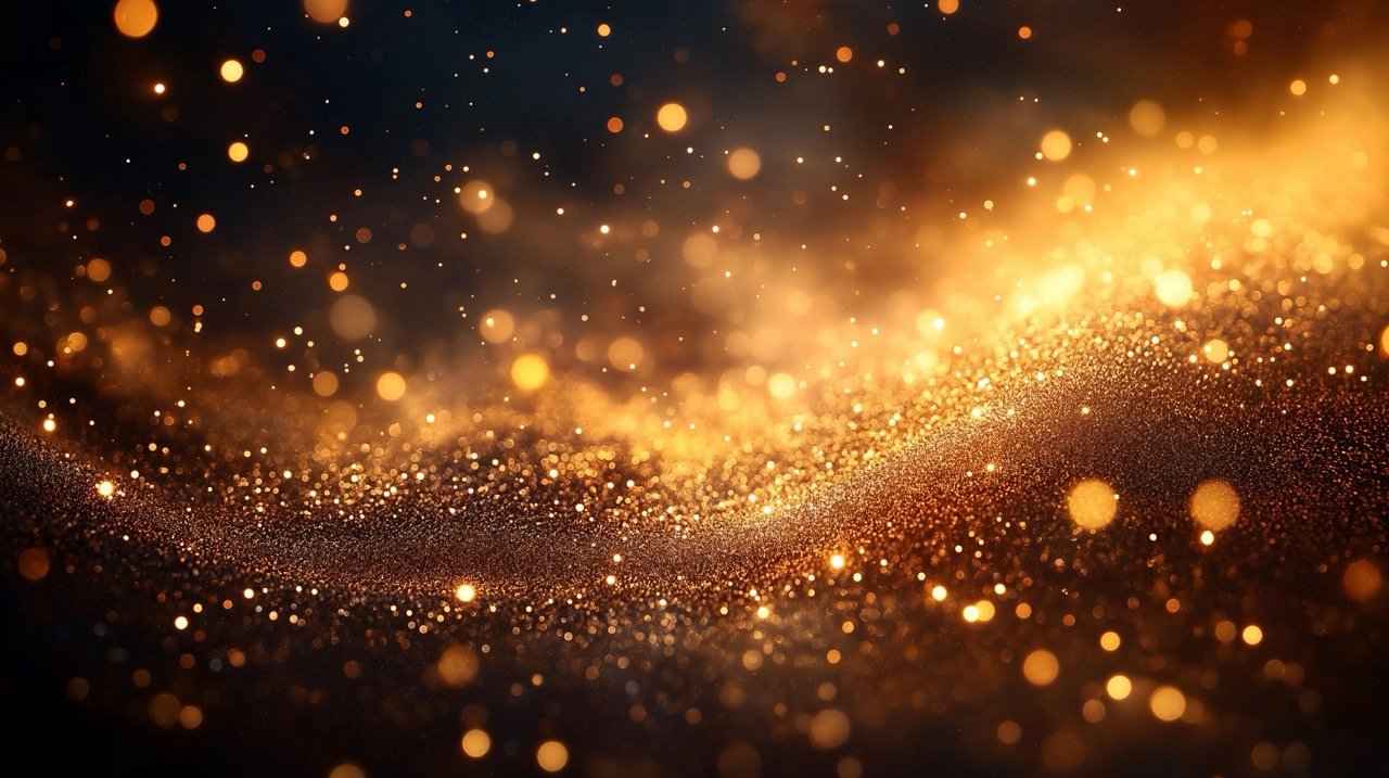 Stunning defocused lights in gold, creating an abstract glittering background with a dazzling and glamorous texture.