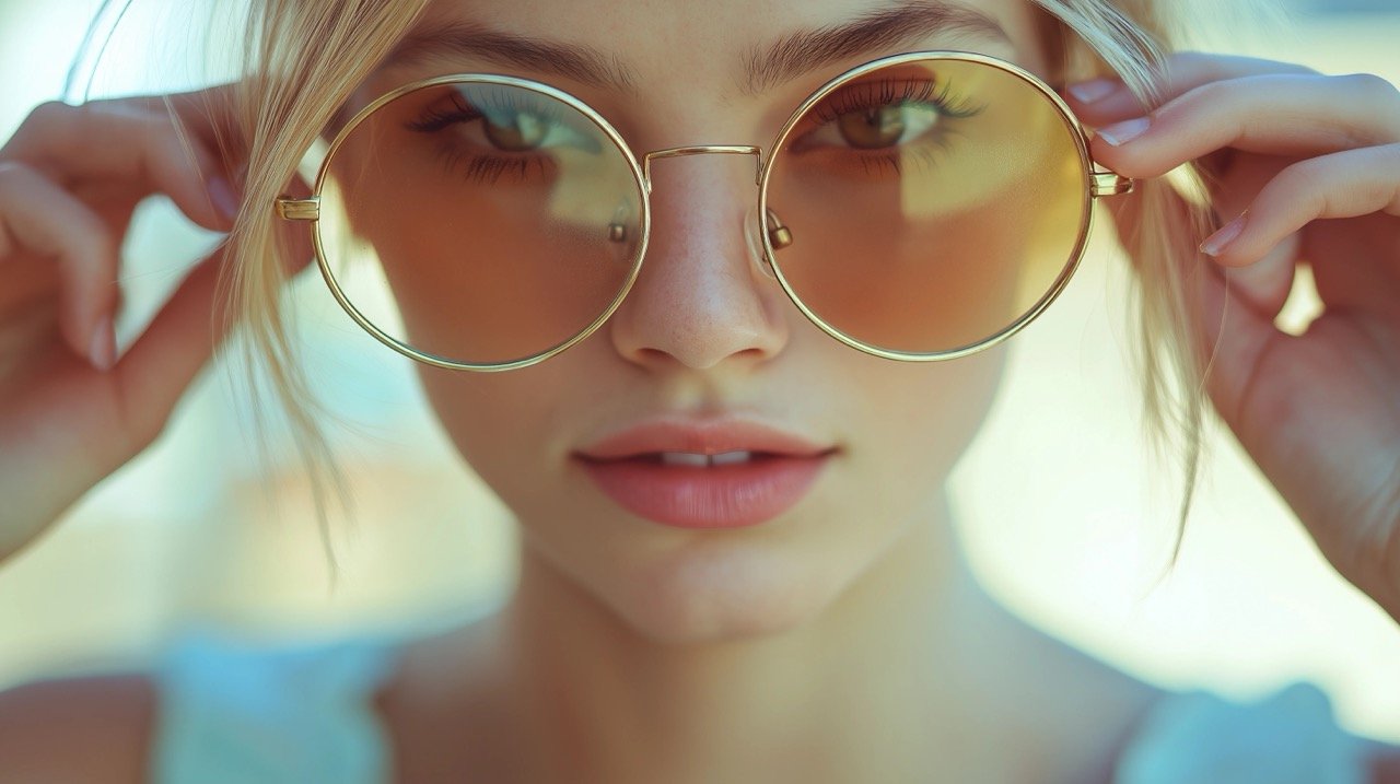 Stylish Woman Holding Round Sunglasses in Daylight, Capturing the Essence of a Summer Vibe