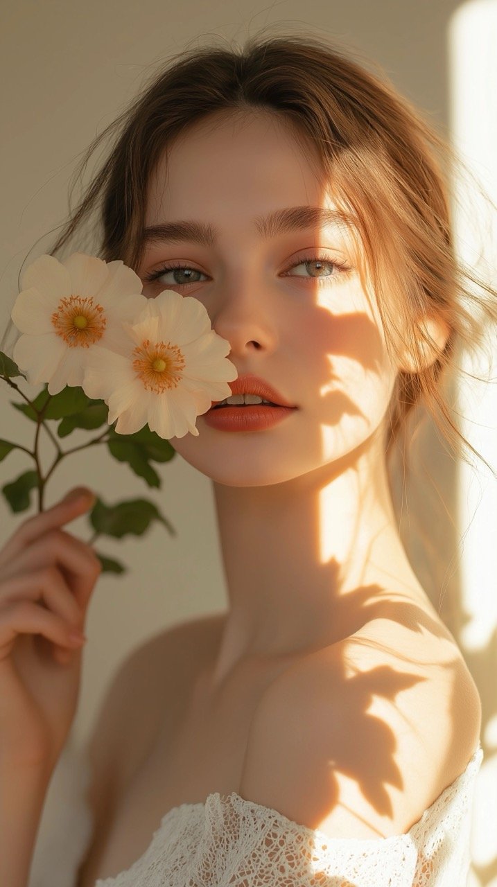 Stylish Young Woman Hides Face with Flower in Sunlit Beige, Capturing Luxury and Minimalism