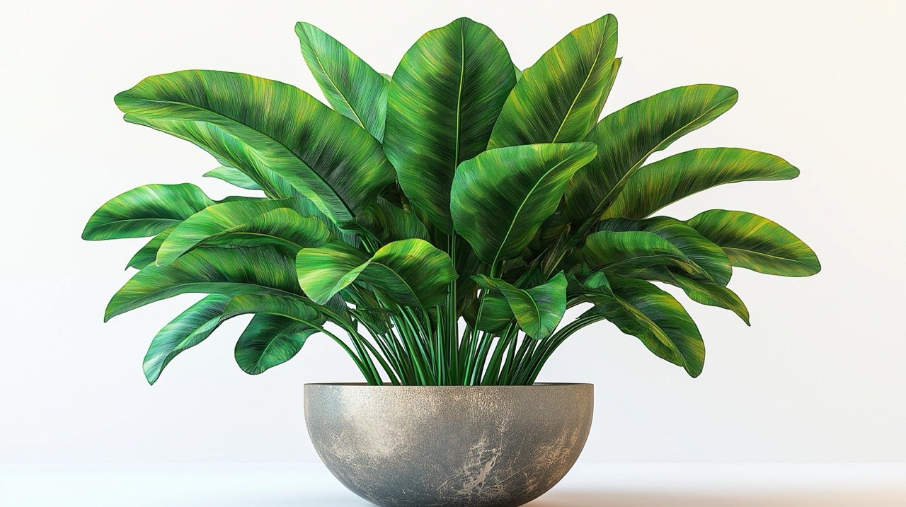 Stylish banana plant in a decorative stone marble pot, isolated on a crisp white background design.