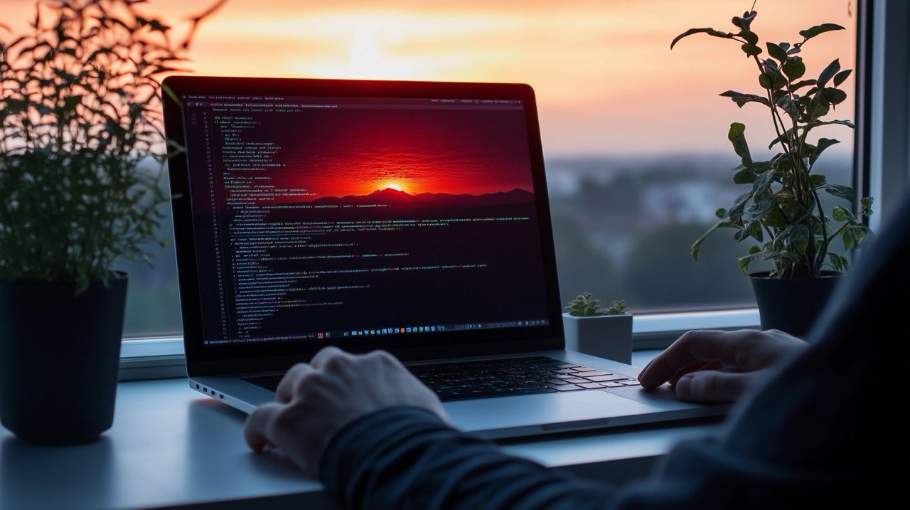 Summer Sunrise Scene Person on MacBook Pro at Table, Front-End Developer Coding Tech from Home Office.