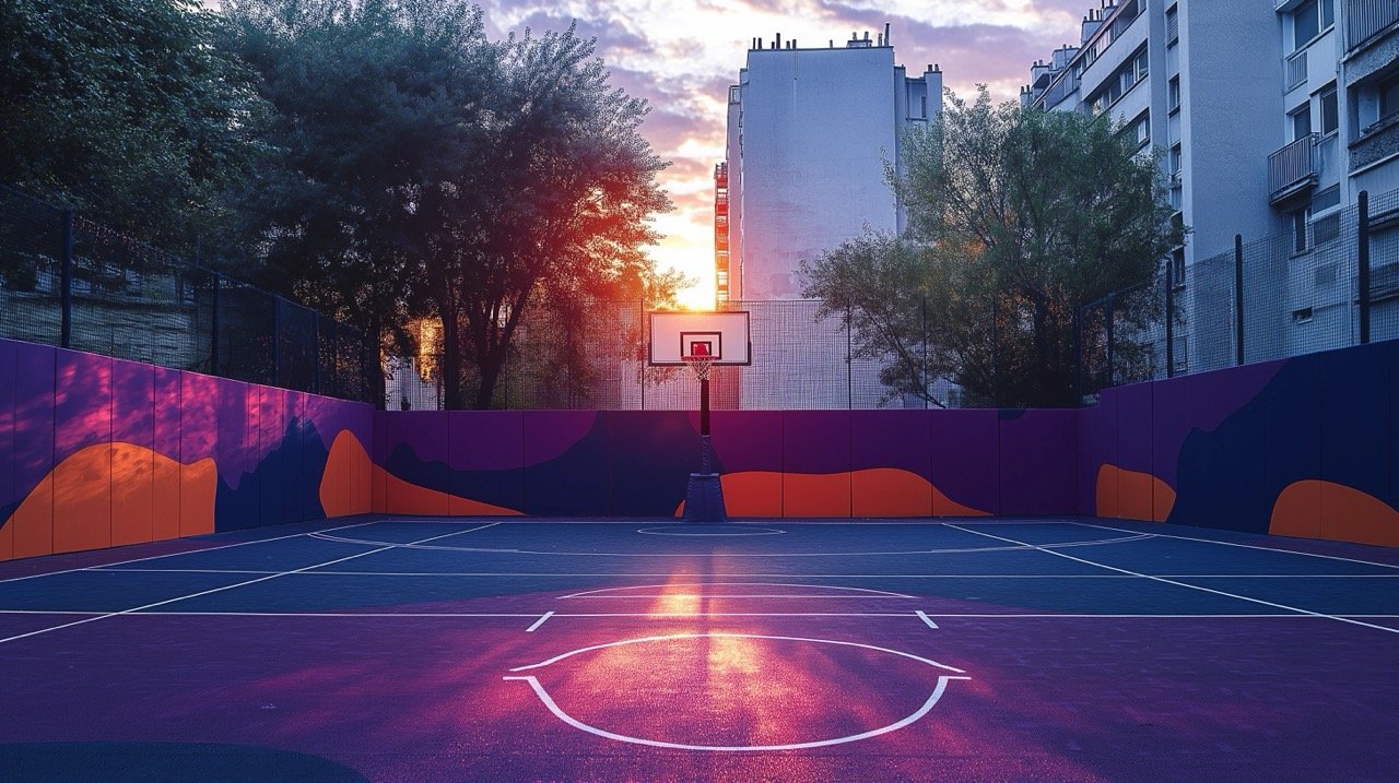 Summer Sunrise Vibe Purple and Orange Basketball Court, Daytime Sports Images Featuring Hoops and Free Throws