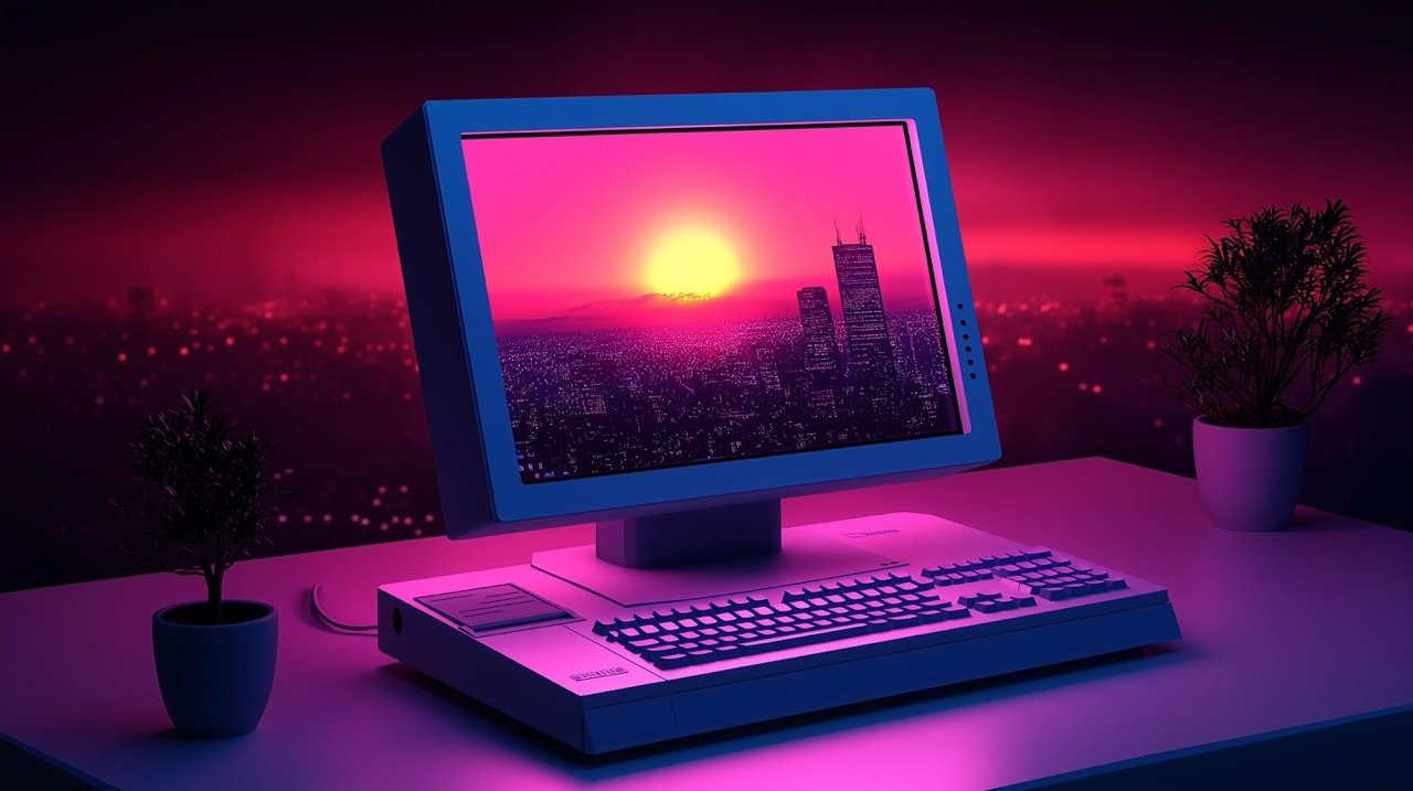 Summer Sunrise Vibe White Background with Computer Monitor Illustration, Tech Electronics and Hardware Display for Desktop and Laptop.