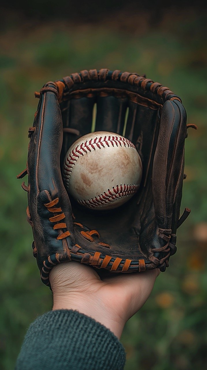 Summer Vibe Person Holding Baseball Ball in Black Leather Mitt, Sports and Baseball Images