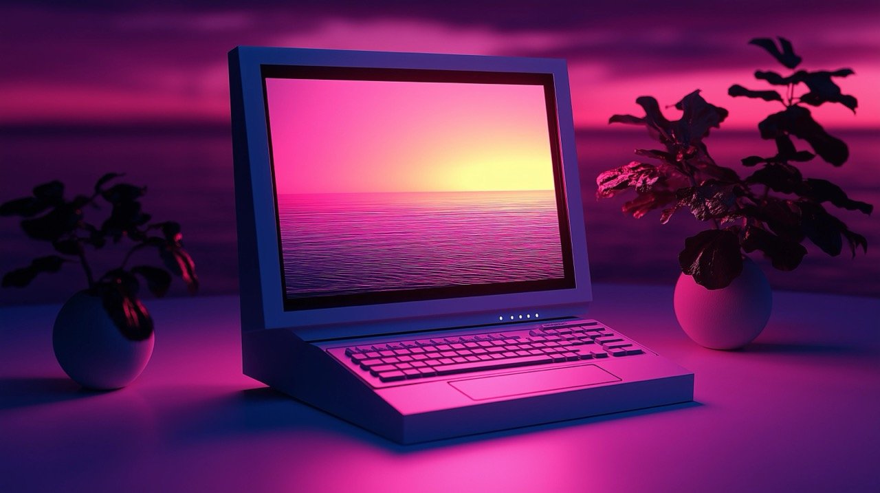 Summer Vibe at Sunrise White Monitor and Keyboard Illustration, Computer Hardware and Tech Electronics on White Background.