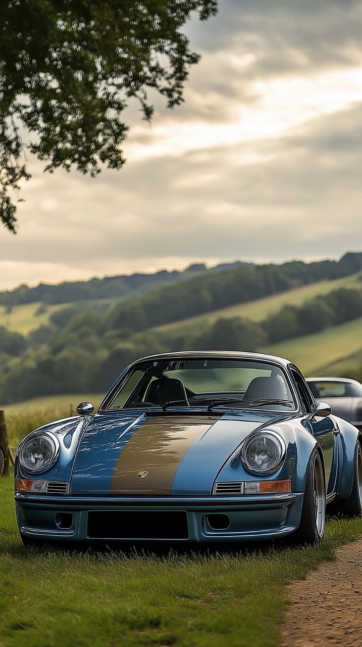 Summer Vibe with Blue and Black Cars on Green Grass Under White Cloudy Sky in Dorking