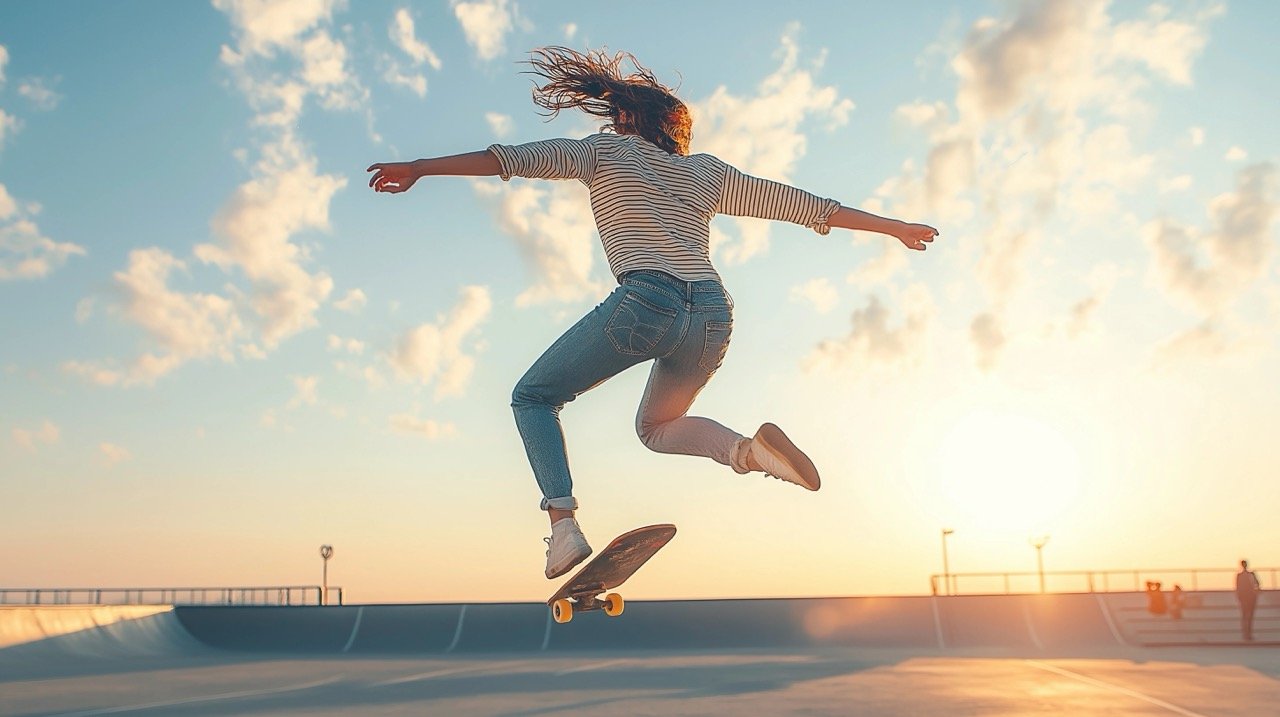 Summer Vibes Sunset Woman in Striped Shirt and Denim Jeans Jumping – Sports and Skating Imagery