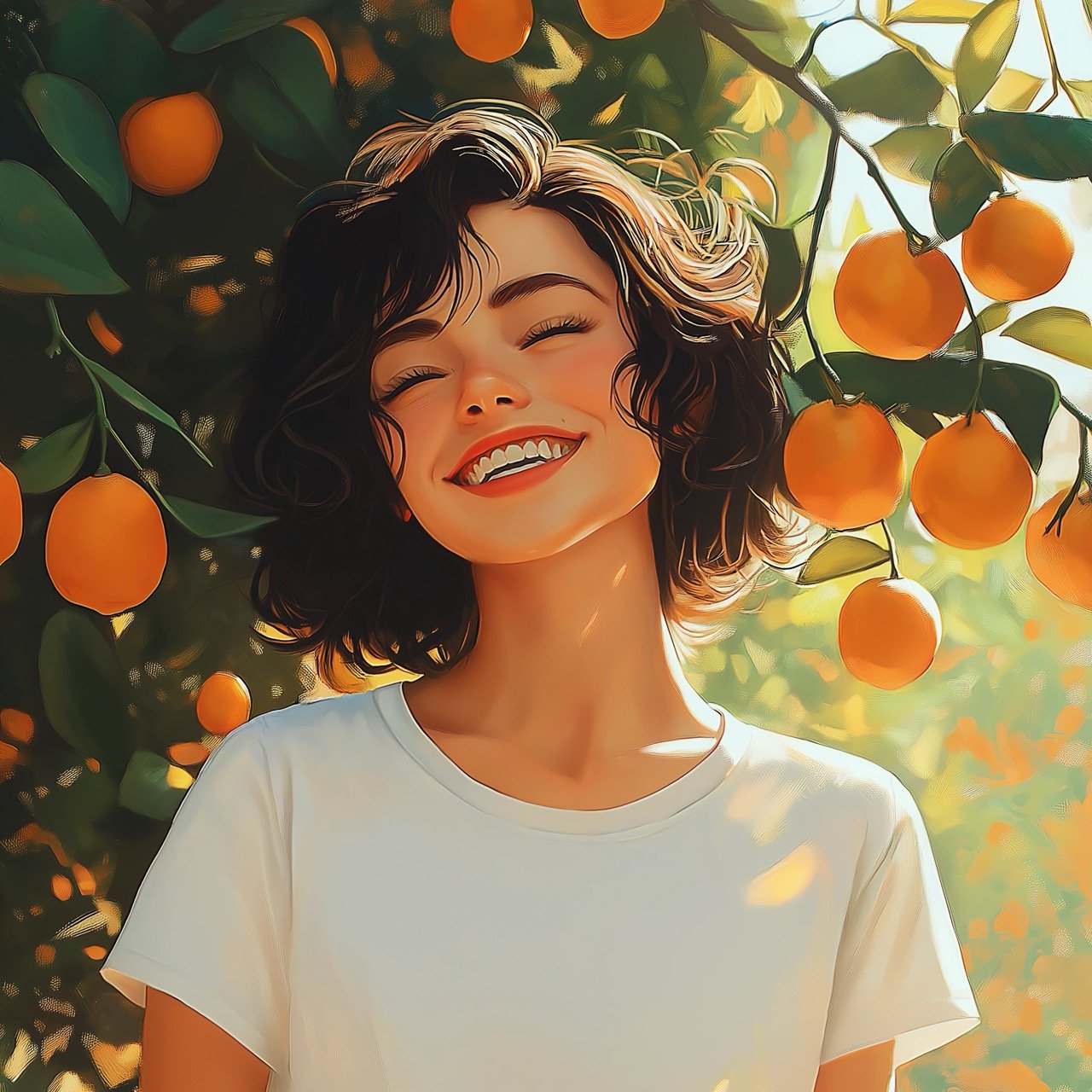 Sunlit Garden Scene with Girl in White T-Shirt, Short Dark Curly Hair, Eating Tangerines and Smiling