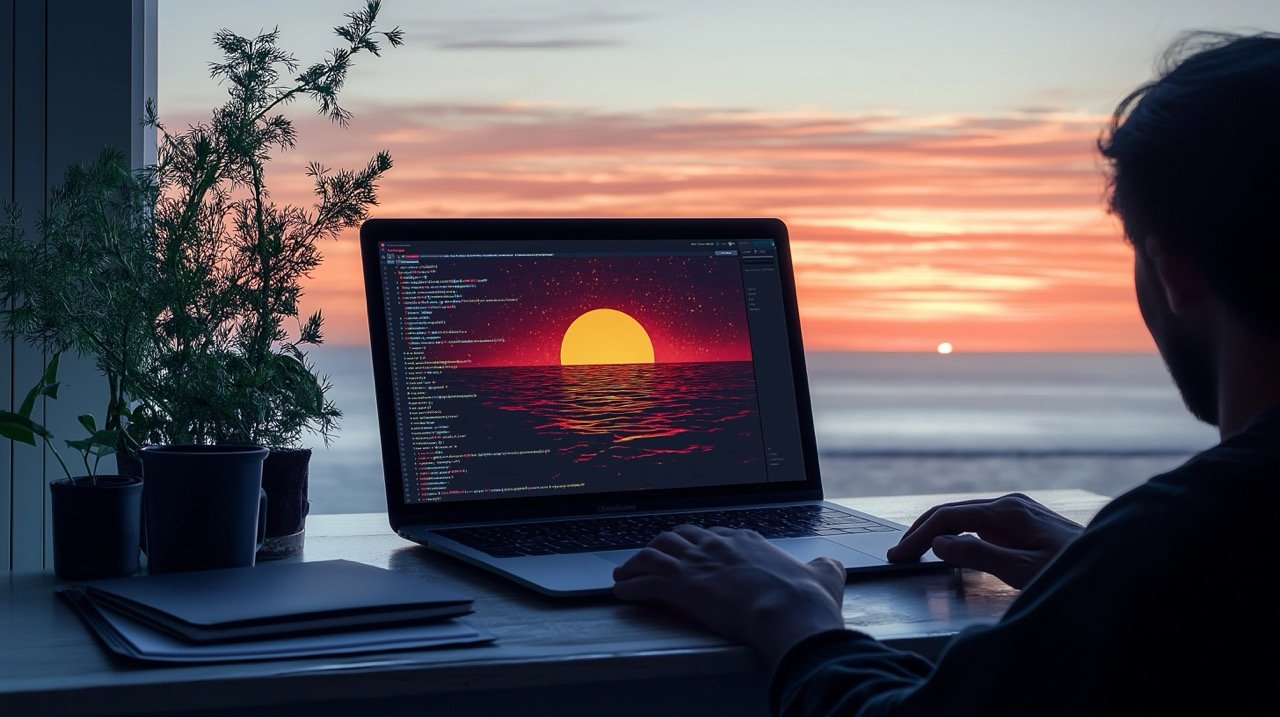 Sunrise Summer Vibe Individual Working from Home with MacBook Pro, Web Developer Coding ReactJS Front-End.