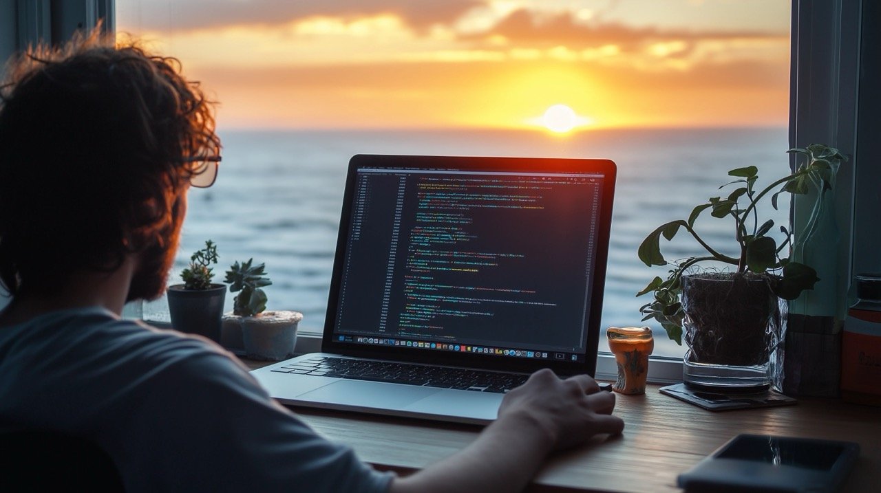 Sunrise Summer Vibe Web Developer Using MacBook Pro at Table, Coding ReactJS Front-End from Home Workspace.