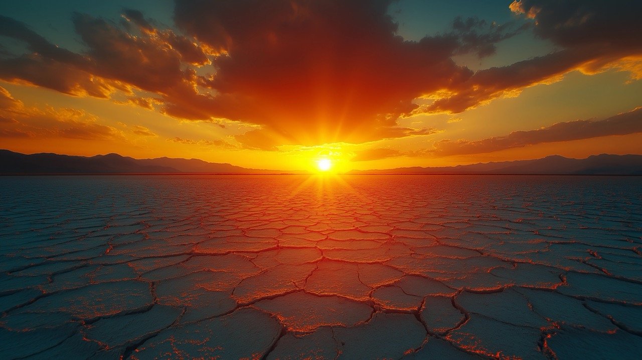 Sunset Over Cracked Soil Scorched Earth Desert Landscape Depicting Global Warming and Heat Impact