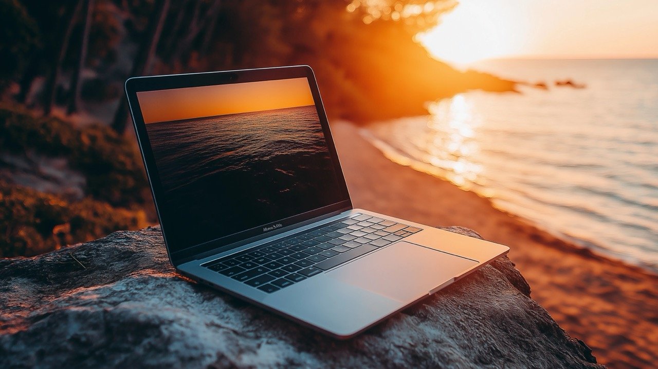 Sunset Vibes with MacBook Pro on Granite Rock Electronics, Computer Hardware, and LCD Monitor Display in Focus.