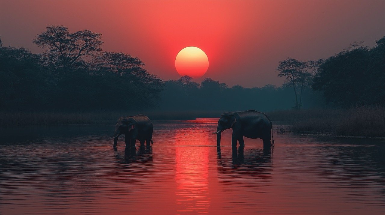 Sunset in Kaziranga National Park Majestic Elephants and Birds in Assam, India’s Nature Landscape