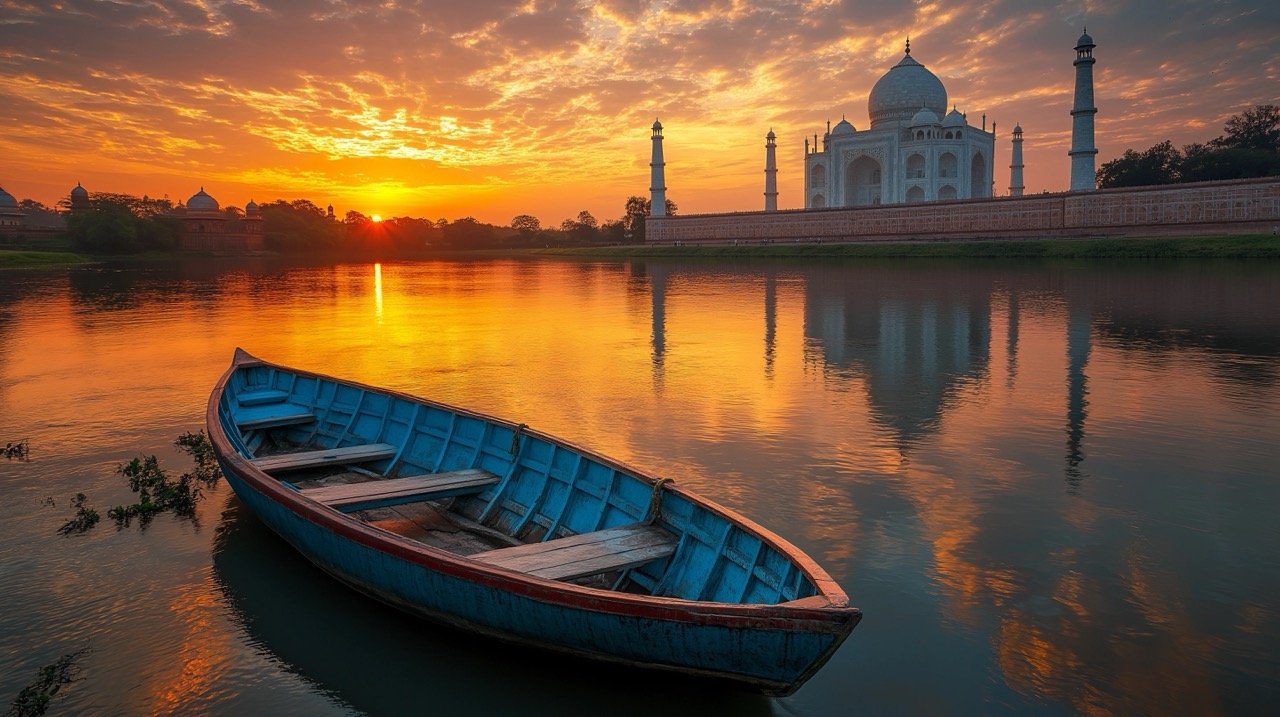 Taj Mahal on Yamuna River at Sunset Serene View of Agra, India with Tourist Boat and Moody Sky