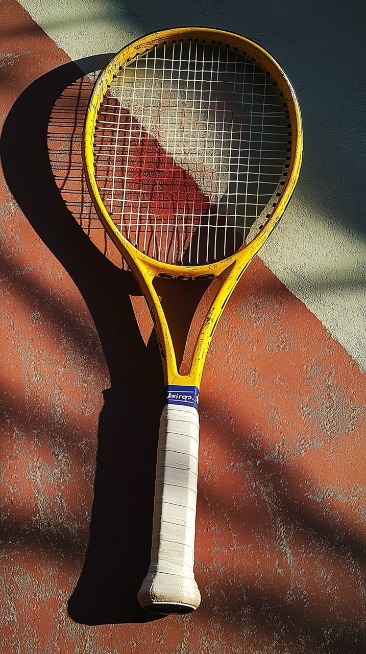 Tennis Racket on Court at Night – Yellow and White Tennis Gear in Israel