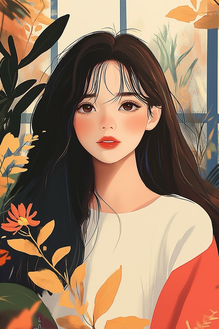 Thai Girl in Fantasy Illustration with Minimalist Design, Featuring Cute and Innocent Look with Simple Lines