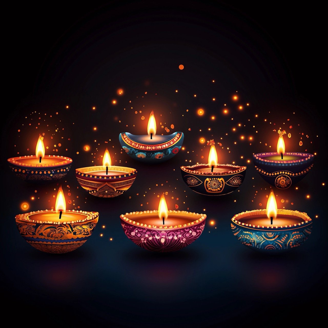 Traditional Indian Oil Lamps for Diwali Festival Set Against Dark Background Celebrating Hindu Culture and Tradition