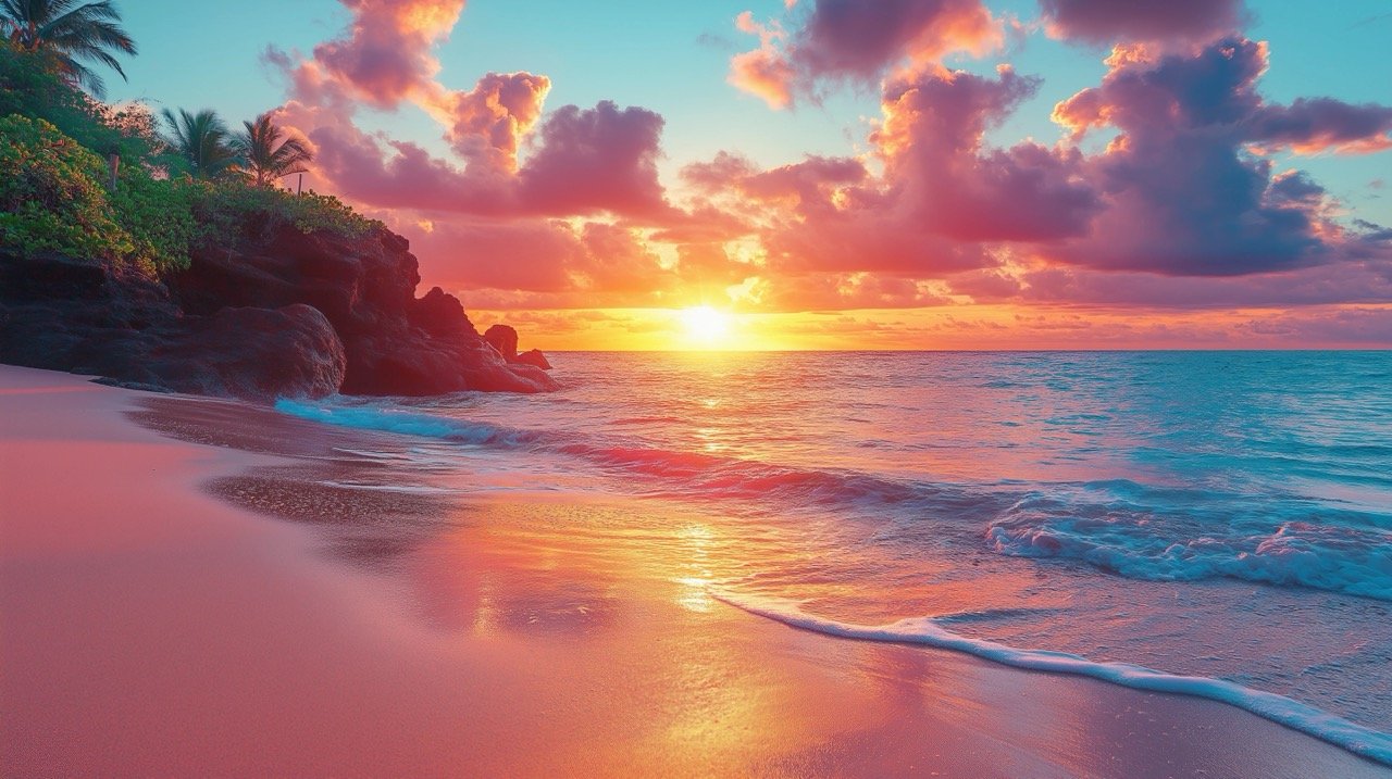 Tropical sunset on Hawaii’s coast with vibrant skies, palm trees, and serene beach, perfect tropical escape.