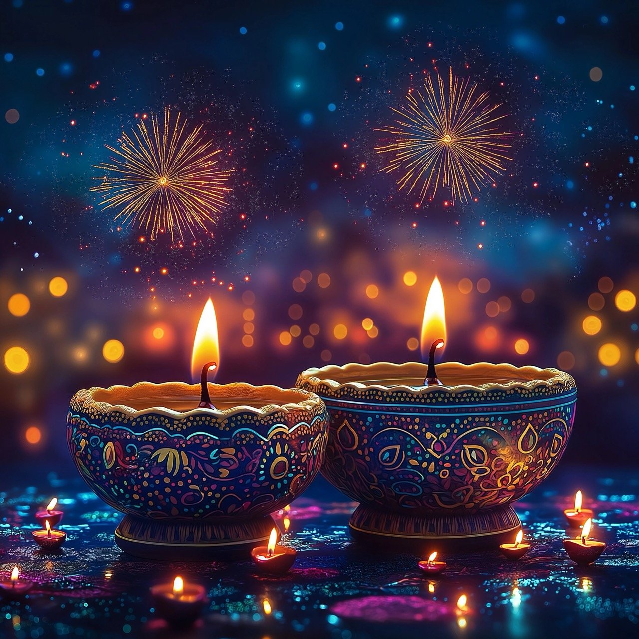 Two Candles Against Colorful Background with Fireworks, Representing Diwali Festival and Vibrant Holiday Greetings