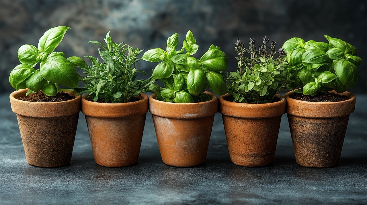 Variety of Cooking Herbs in Pots – Fresh Kitchen Stock Photo for Culinary and Herbal Inspiration