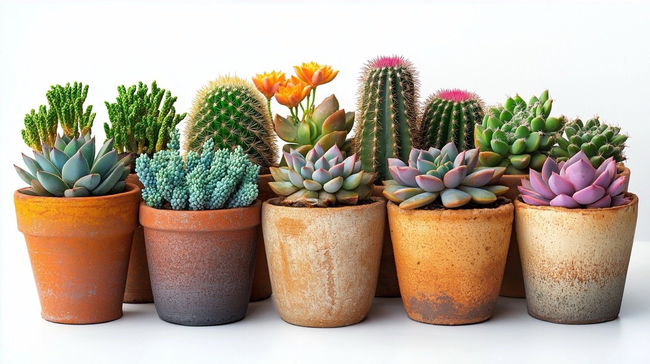 Variety of indoor cacti and succulents in unique pots, cut out on a white backdrop