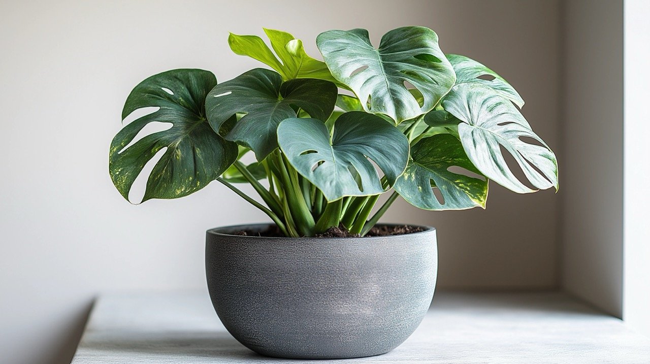 Vibrant Monstera deliciosa with lush leaves in a decorative gray pot, isolated on a bright white background.