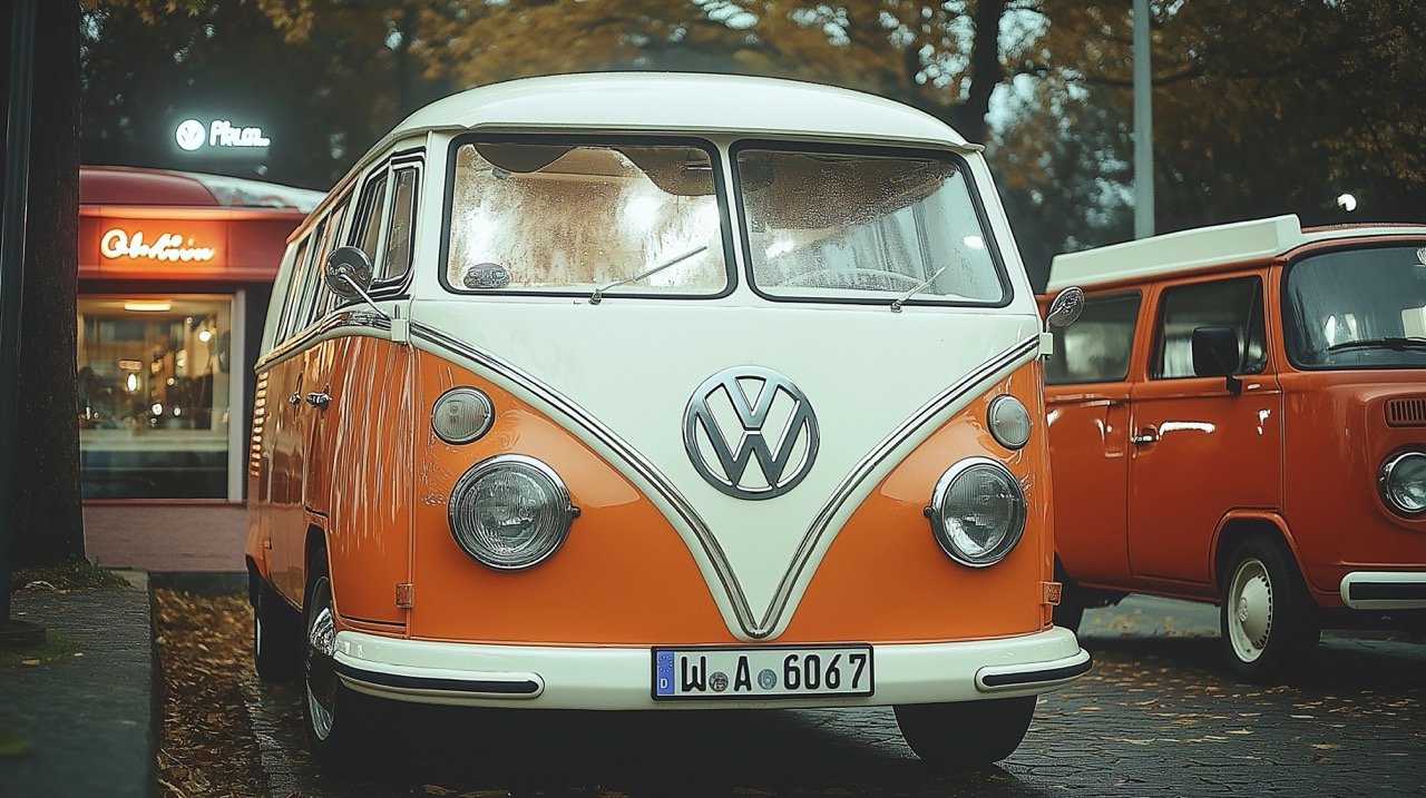 Vintage Film Photo of Orange and White VW Bus Next to Red Car at Night, Analog Photography