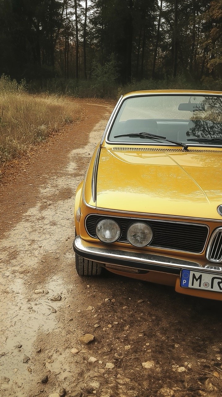 Vintage Golden Car Parked on Dirt Road, Shot on Film in Germany’s Bayernstraße