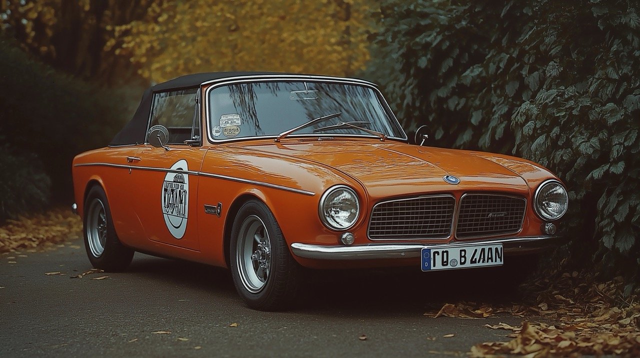 Vintage Summer Scene, Orange and Black Car by Bush, Analog Film Photography, Germany