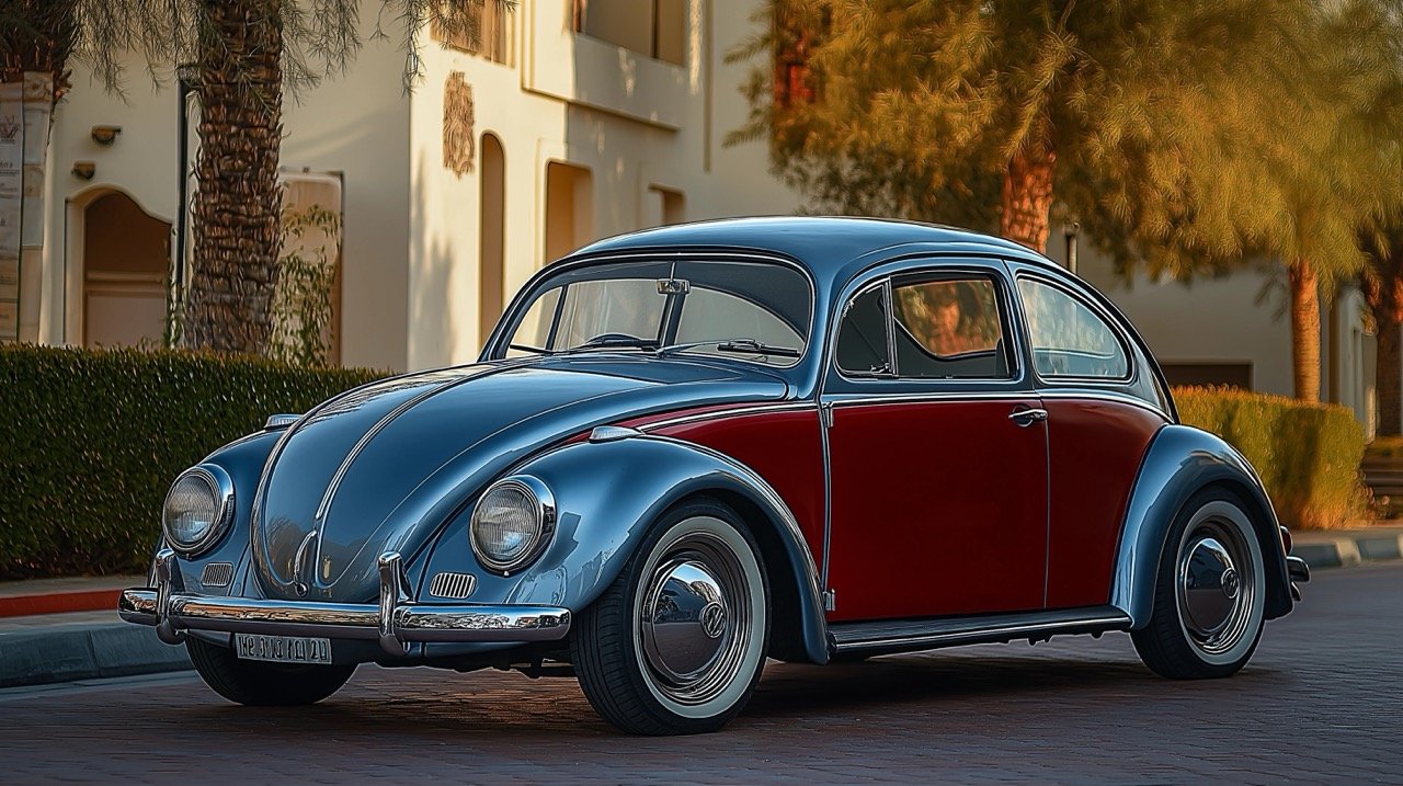 Vintage Volkswagen Beetle in Red, Parked by White Building, HD Retro Wallpapers from Dubai, UAE