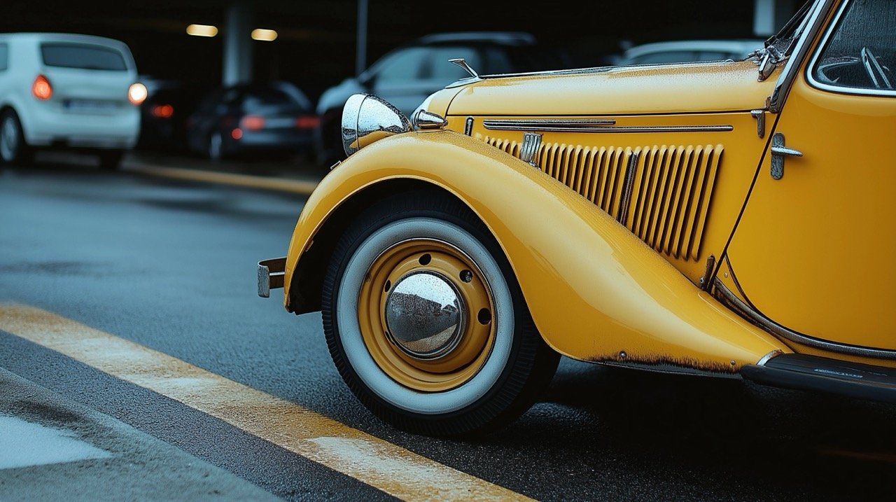 Vintage Yellow and White Car at Night in France, Showing Alloy Wheels, Tires, and Transportation Details