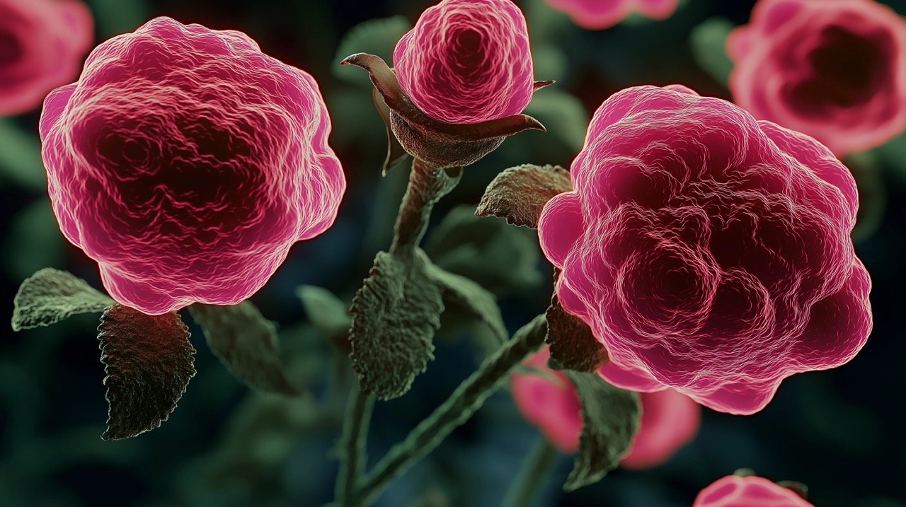 White Background with Red Roses in Neon Night Lab Research, Blood Tests, Illness Analysis, and Sample Testing.