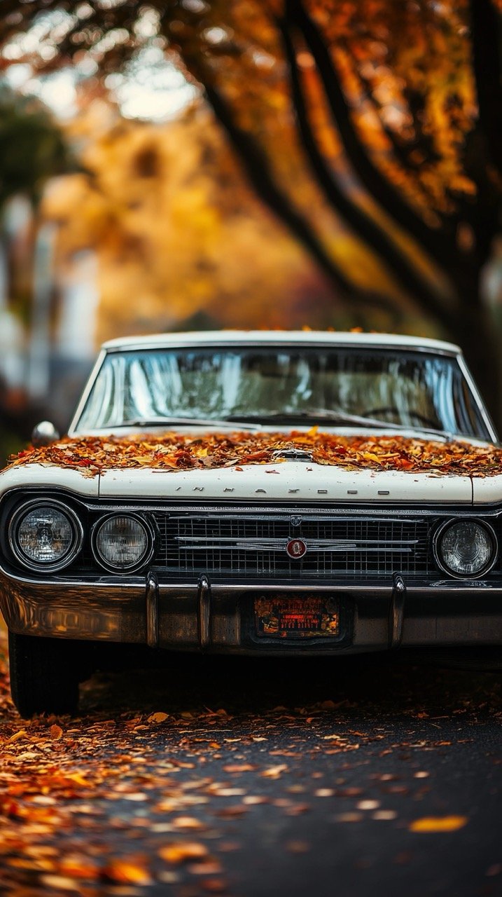 White Car Covered in Leaves at Night, Vancouver Vintage Backgrounds, Headlight Images, and Automobile Pictures