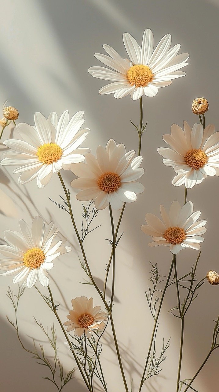 White Daisies on Simple Background with Long Shadows, Perfectly Embodying Minimalist Aesthetic Style