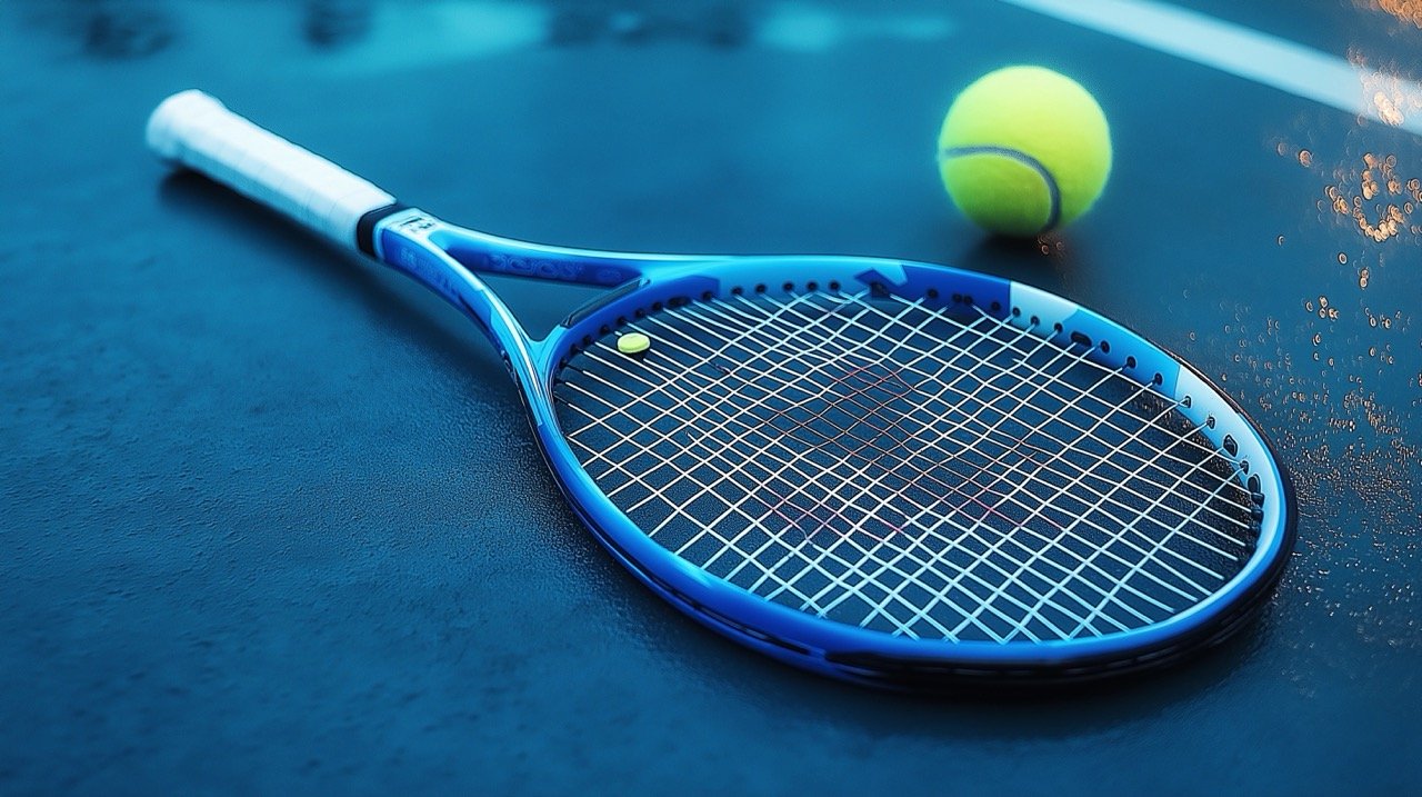 White and Blue Tennis Racket at Night on Court, Featuring Yonex Ezone for Sports Photography