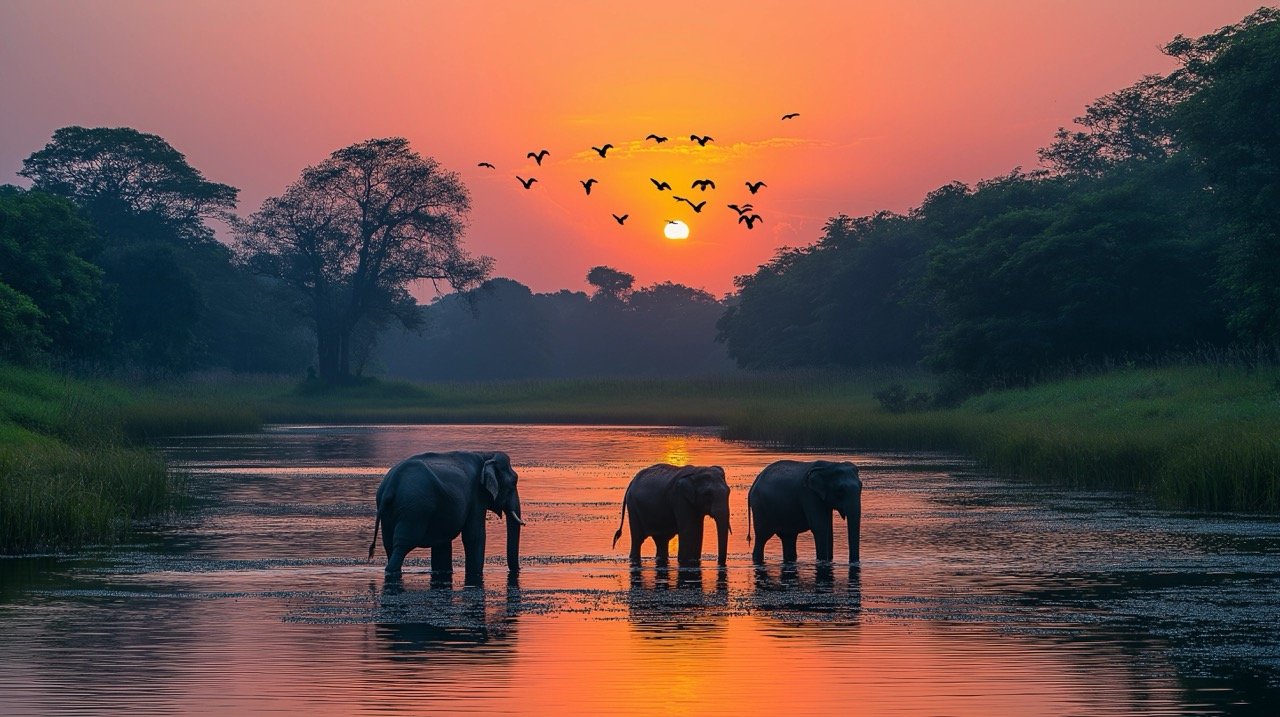 Wild Sunset at Kaziranga National Park Elephants and Birds Captured in Assam, India’s Natural Beauty