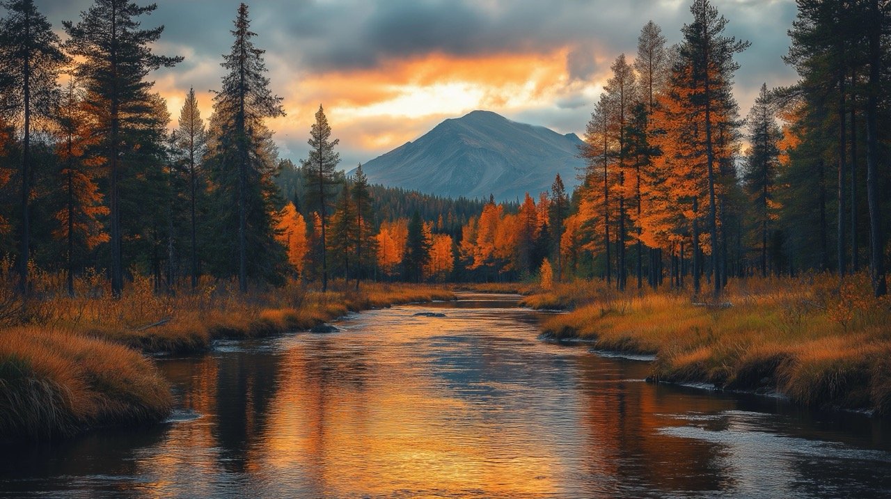 Winding Mountain River Through Forest at Sunset Beautiful Nature Scenery in Autumn with Golden Evening Light