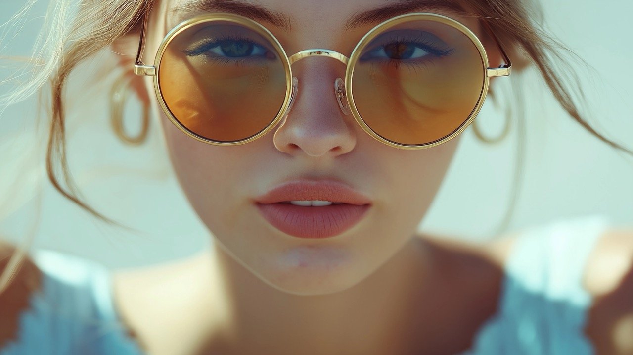 Woman with Round Sunglasses Embracing Summer Vibe During Daylight, Ideal for Stylish Daywear Images