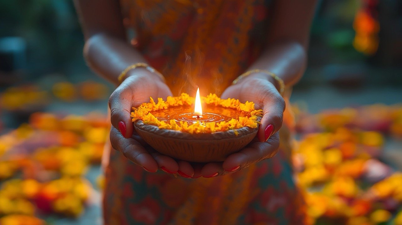 Woman’s Hand Lighting Traditional Diwali Diya Lamps Against a Dark Background for Festive Celebrations